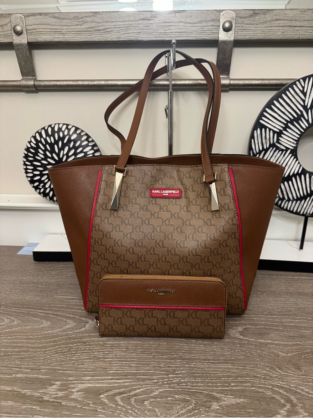Karl Lagerfeld Brown Monogram Tote with Matching Wallet